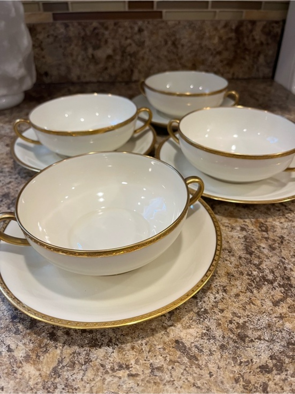 Black Knight Cream and Gold Trimmed Double-Handled Soup Cups with Saucers
